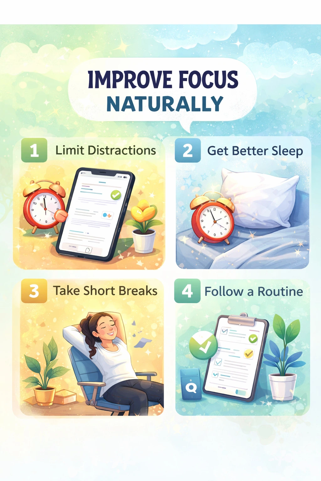 infographic showing simple ways to improve focus naturally including limiting distractions improving sleep taking breaks and following routines