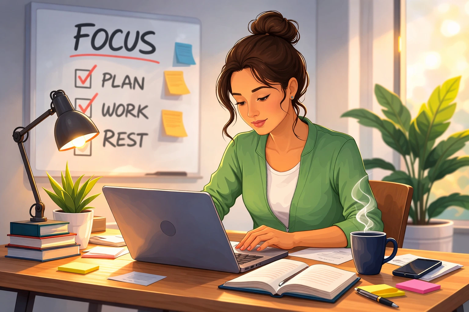 person working in a calm workspace to improve focus naturally