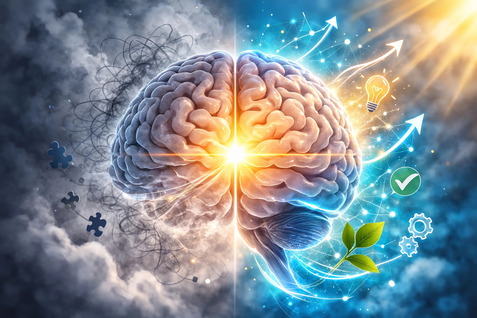 concept illustration showing brain fog turning into mental clarity