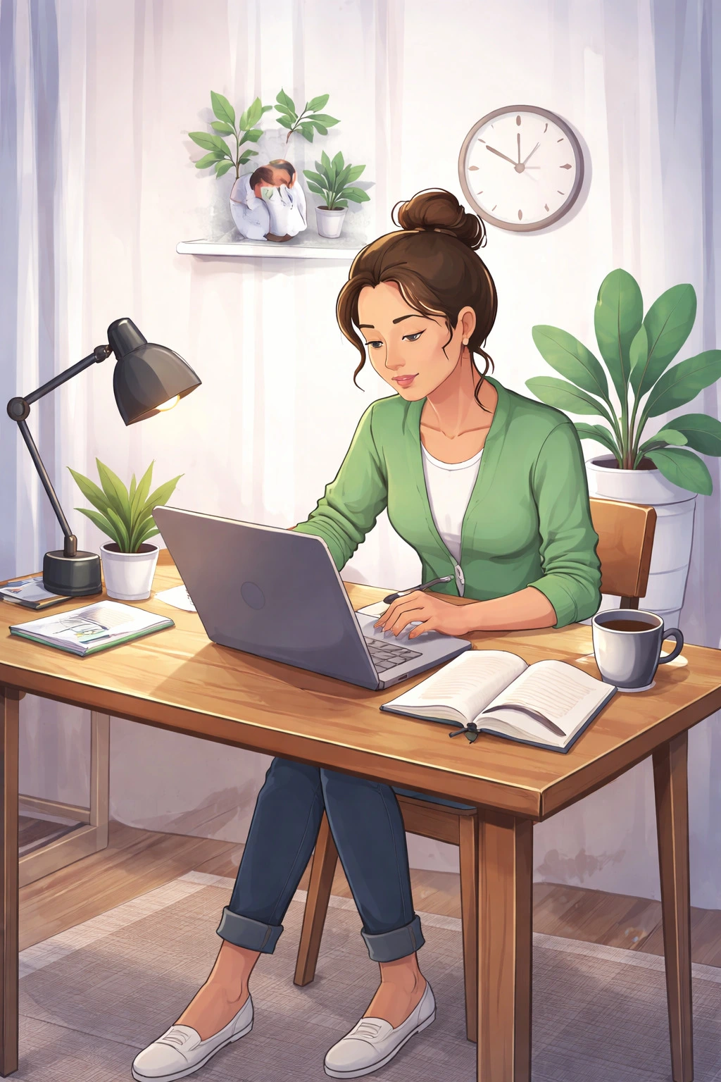 woman working with deep concentration at a tidy desk to improve focus naturally