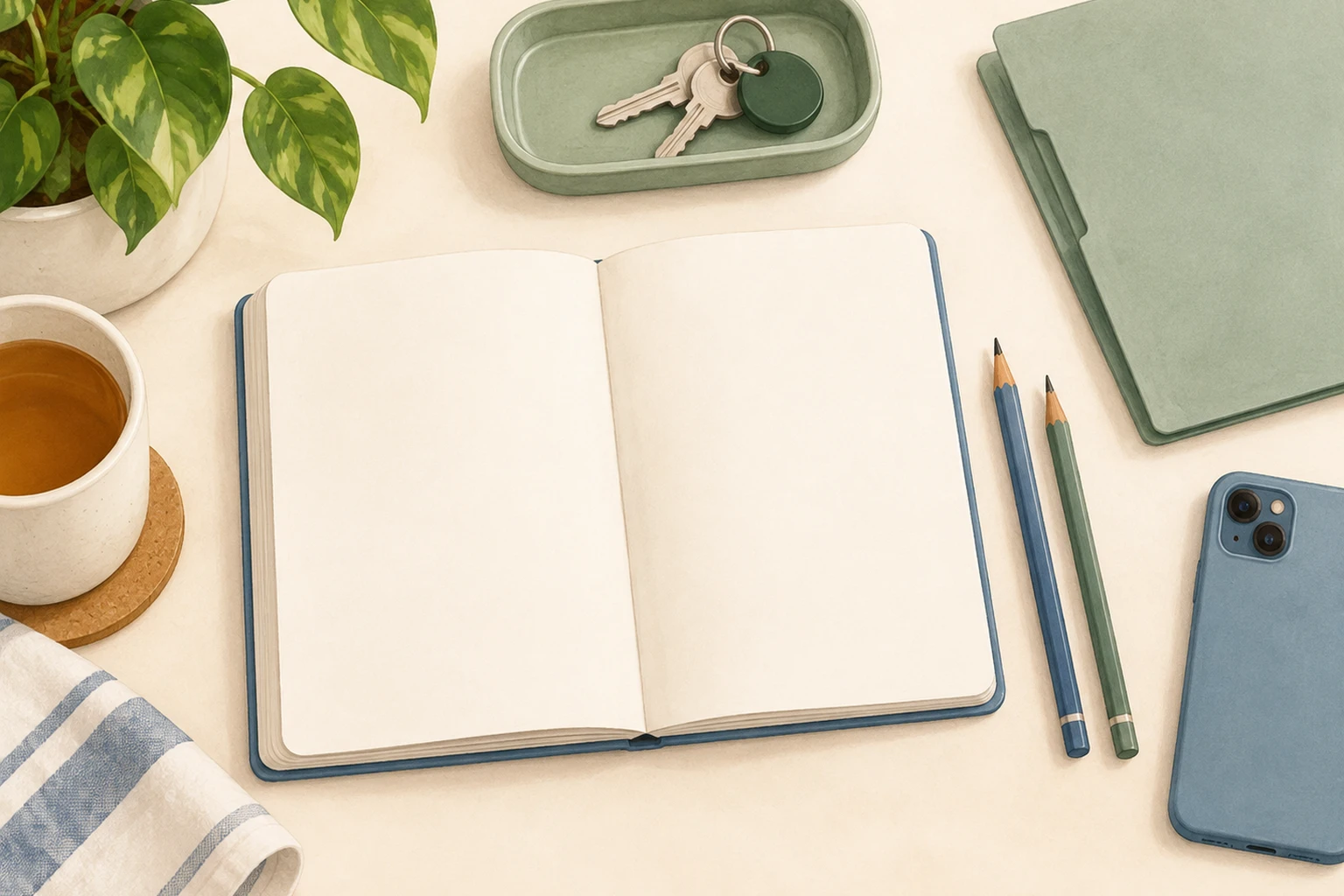 Illustration of a notebook, pencils, keys in a tray, folder and phone for everyday organization.