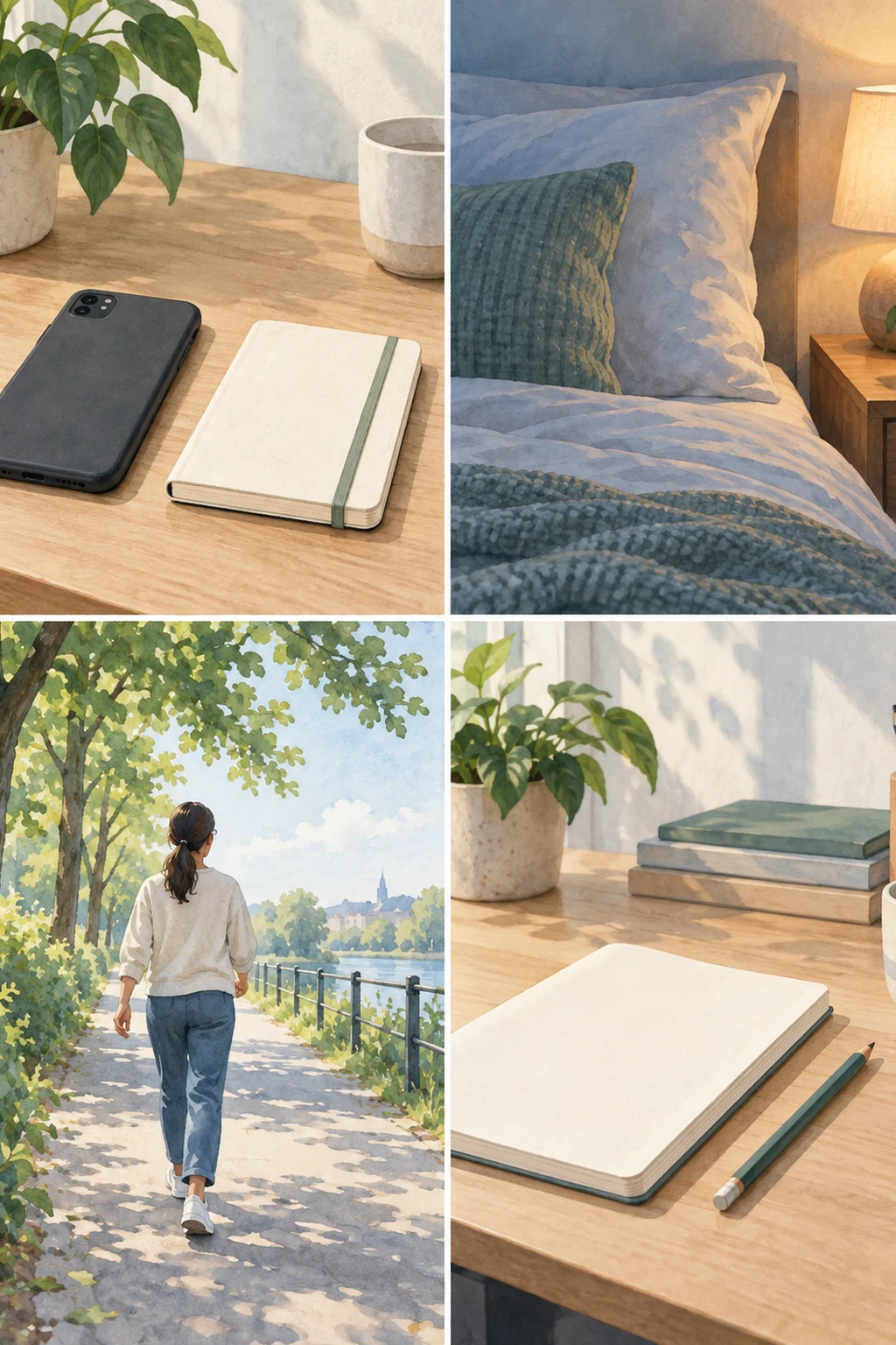 Illustration of everyday work habits: setting a phone aside, resting, taking a walk and using a notebook.