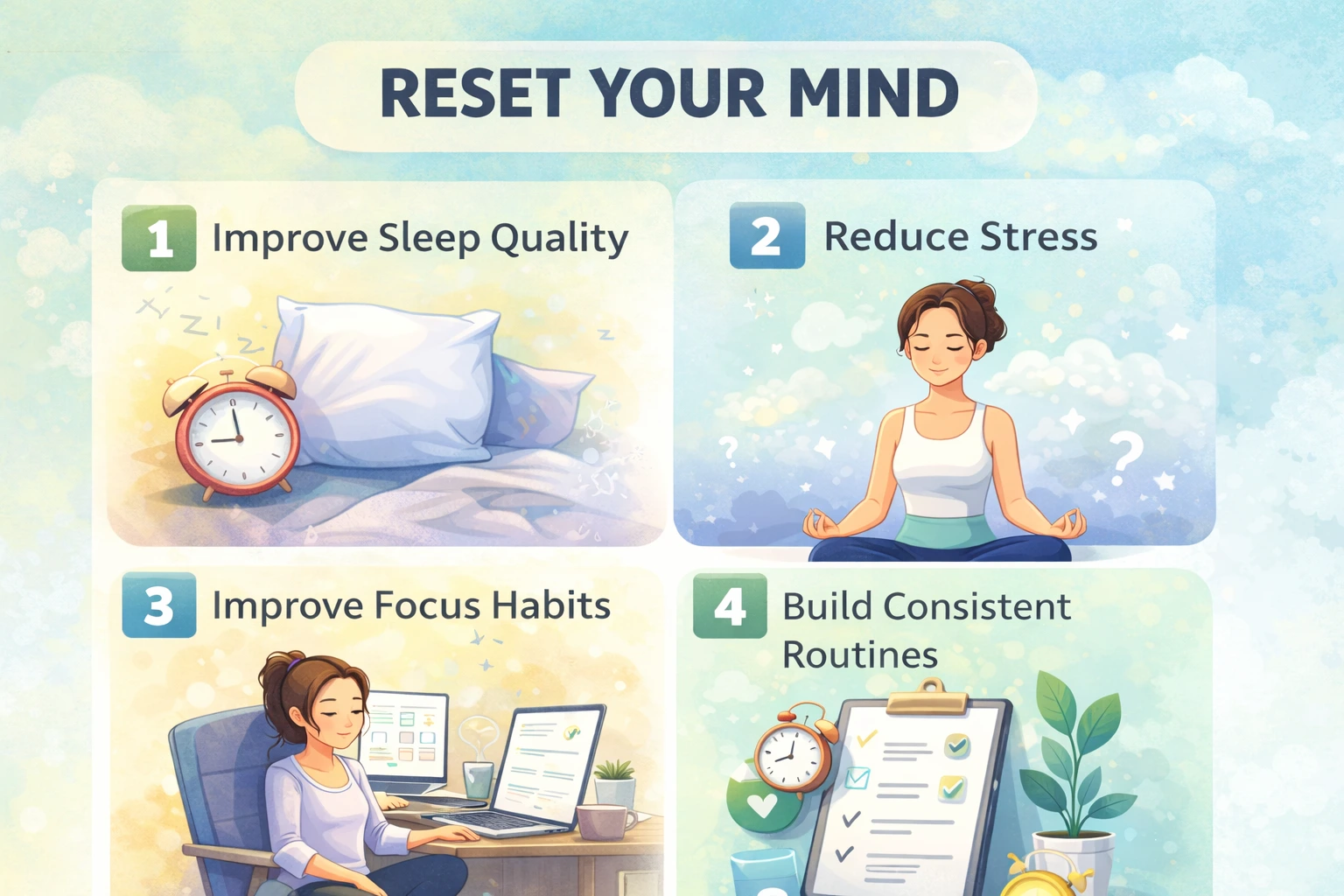 infographic showing simple ways to reset your mind and reduce brain fog